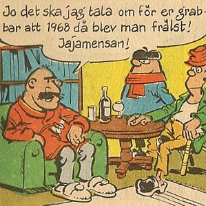 Uti vår hage av Krister Petersson - Frälsningen (K 10): En man berättar en historia för Faló och Olaf om hur han blev frälst 1968.