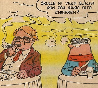 Uti vår hage av Krister Petersson - Riskerna med rökning (KP 35): Olaf är på restaurang och störs av en som röker cigarr.