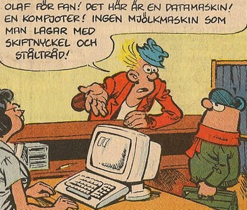 Uti vår hage av Krister Petersson - Datorproblem på banken (K 45): Faló är på banken för att låna pengar men de har problem med datorn och ingen mindre än Olaf ska fixa det.