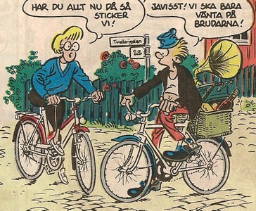 Uti vår hage av Krister Petersson - Utflyktsförsök (KRI 129): Faló och Yvette ska cykla iväg på en mysig utflykt på tu man hand tror Yvette, men det visar sig att Faló bjudit med några tjejer också.