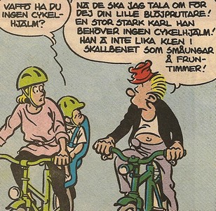 Uti vår hage av Krister Petersson - Huvudsaken (KRI 138): Faló är med cykel på väg till en fotbollsmatch mellan Mjölhagen IF och Snutteboda BK då en liten grabb frågar varför han inte använder cykelhjälm. Kanske borde han göra det?