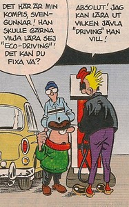 Uti vår hage av Krister Petersson - Eco-driving (KRI 270): Faló har startat trafikskola och Olafs kompis Sven-Gunnar vill lära sig Eco-driving.