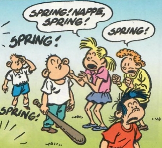Uti vår hage av Krister Petersson - Spring! Nappe! Spring! (VåP 37): Barnen spelar brännboll och Nappe skickar iväg bollen rejält och de andra barnen ropar att han ska springa...