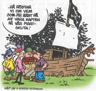 Uti vår hage av Krister Petersson - Omröstning om vem som ska vara piratkapten (VåP 131): Barnen leker pirater och nu ska de rösta om vem som ska vara piratkapten.
